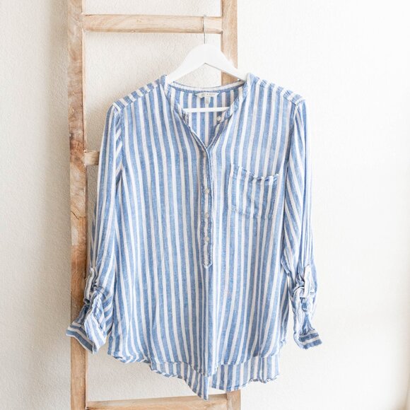 Lucky Brand Blue White Striped Blouse Sz Large Linen Viscose Roll Tab Sleeve Top - Picture 1 of 7